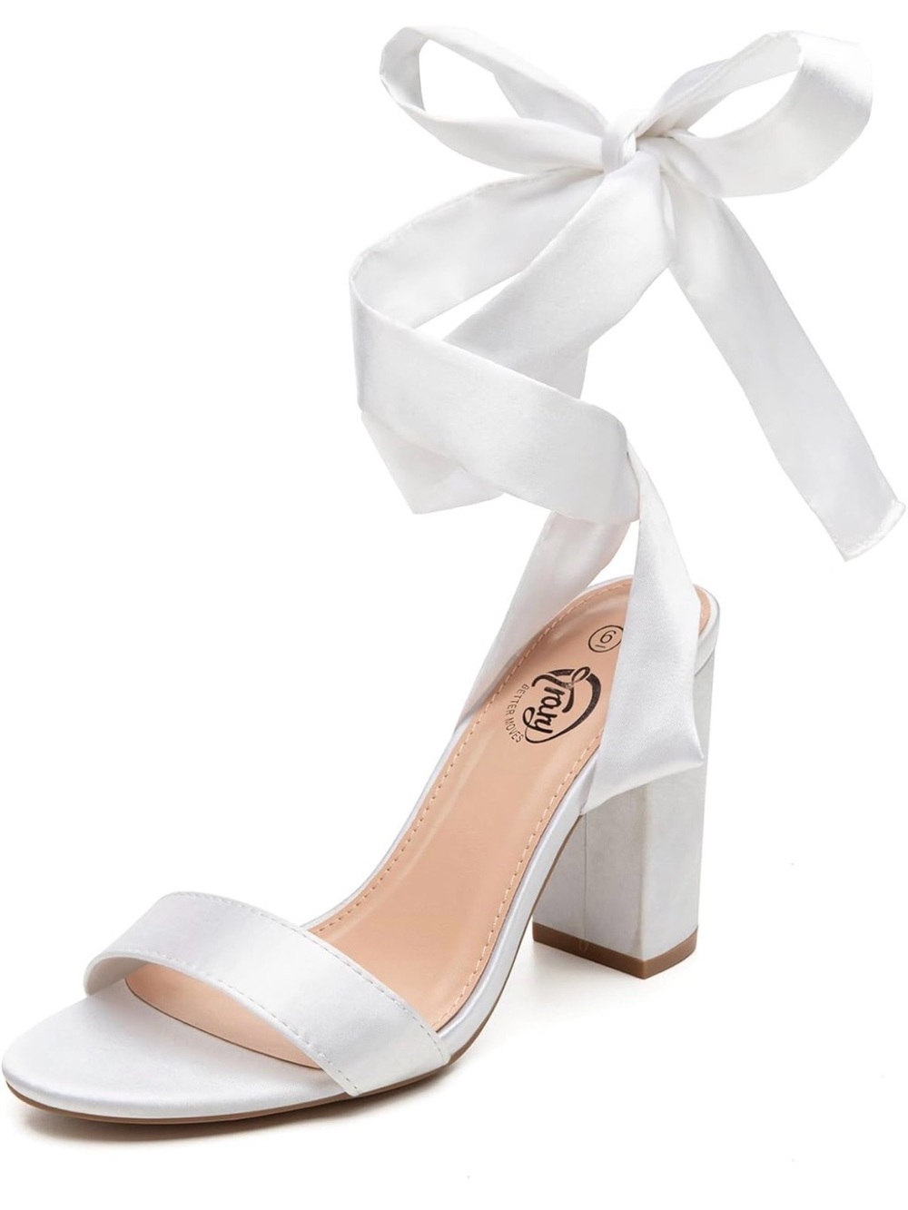 Trary White Satin Tie-Ankle Block Heel Sandals